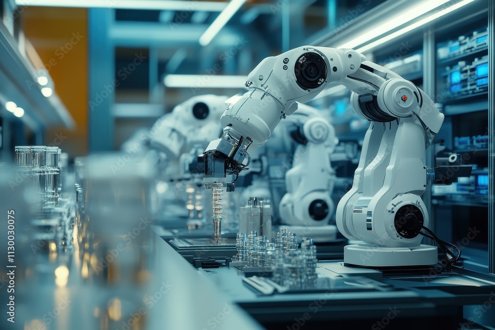 Poster automated robotic arm assembling parts on a production line. illustrates advanced manufacturing and 