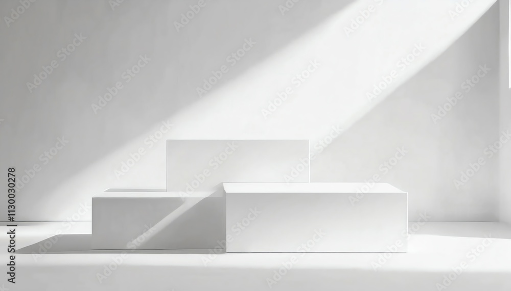 Poster a minimalist arrangement of white geometric blocks in a softly lit space, creating a serene and mode