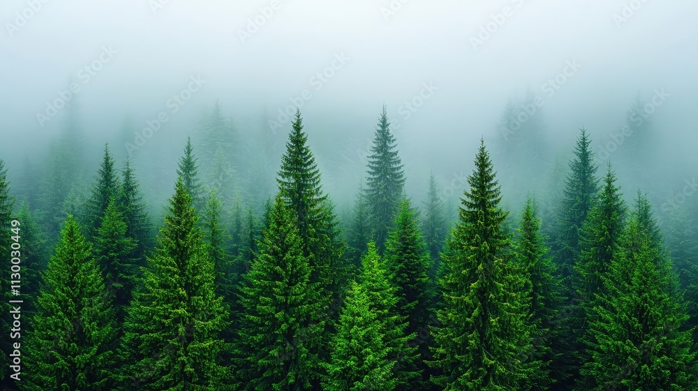Poster mist-covered evergreen forest with lush green trees creating a serene atmosphere.