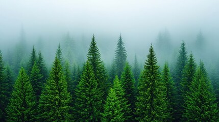 Fototapeta premium Mist-covered evergreen forest with lush green trees creating a serene atmosphere.