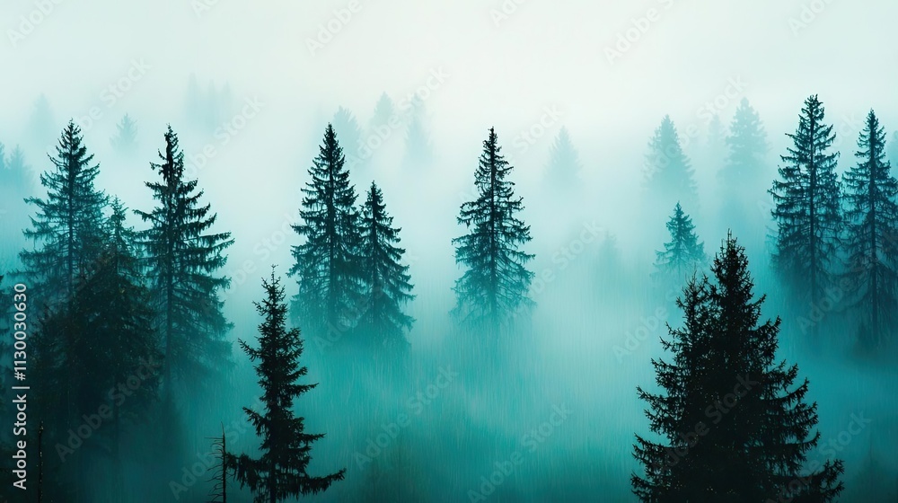 Poster mystical forest scene with fog enveloping tall pine trees in serene atmosphere.