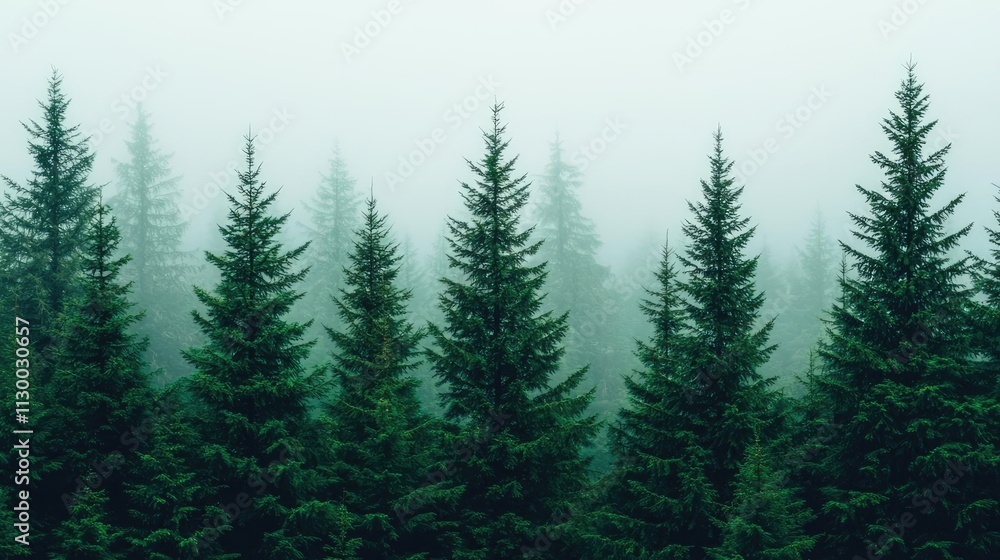 Poster dense green pine trees in a misty forest, creating a tranquil and serene atmosphere.
