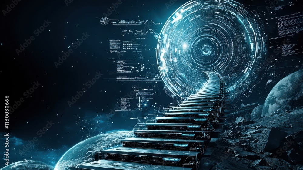 Poster Exploring the cosmic staircase infinite dimensions digital artwork space environment surreal perspective high fidelity conceptualization for seo impact