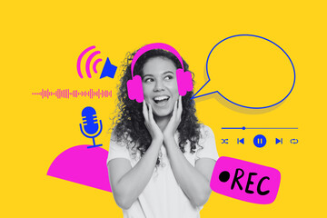 Creative design, girl in headphones, having fun listening to music.