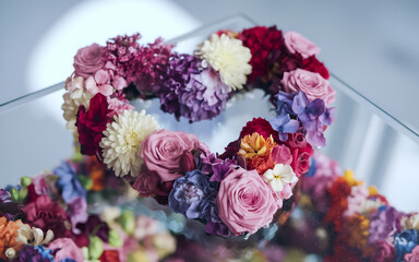 colorful flowers arrangements in shape heart