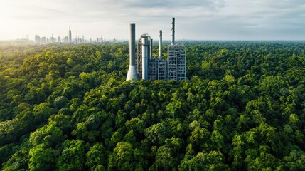Obraz premium Aerial view of a power plant surrounded by dense green forest showcasing nature and industry.
