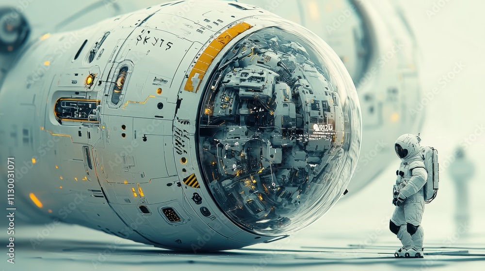 Poster Exploring a futuristic lab studying a high fidelity pocket dimension advanced research facility sci-fi environment astronaut viewpoint innovative concepts in quantum physics