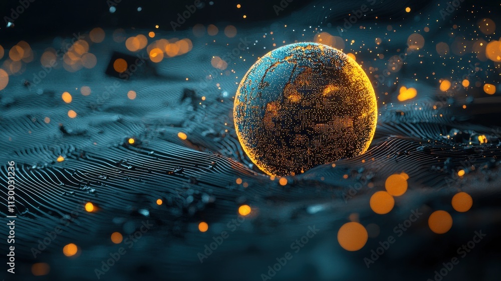 Poster radiant sphere surrounded by dimensional waves digital realm high fidelity visuals abstract environm