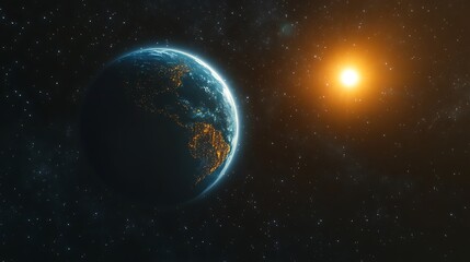 Fototapeta premium Background of space with blue Earth and sun star