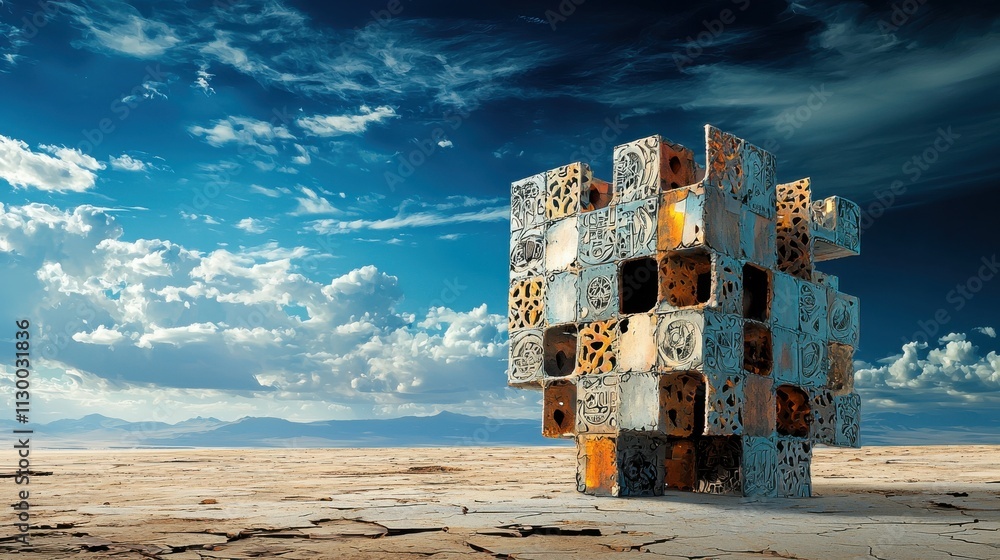 Aufkleber Floating multidimensional cube in a vast void high fidelity visualization surreal landscape conceptual art perspective