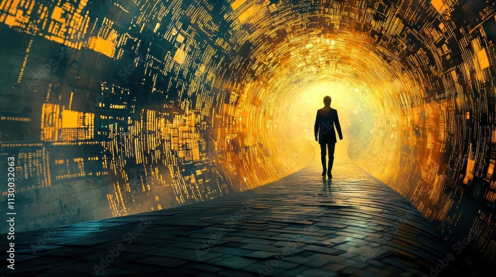 Poster a person stepping through a glowing doorway into a high fidelity digital realm sci-fi environment im