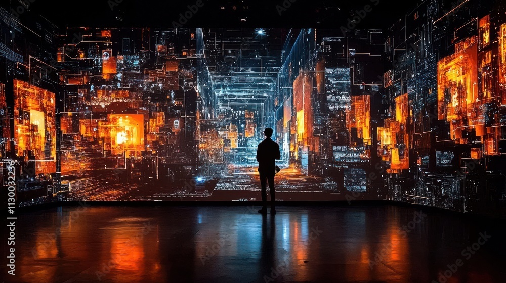 Aufkleber exploring a room of holographic projections of parallel high fidelity virtual gallery digital art in