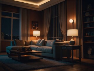 Living room night theme illustration, cozy nighttime interior art, modern living room at night vector