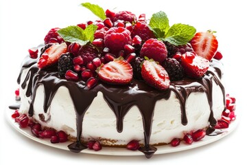 A decadent white cream cake topped with dripping dark