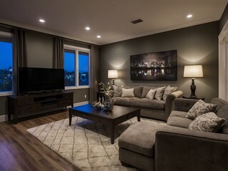 Living room night theme illustration, cozy nighttime interior art, modern living room at night vector