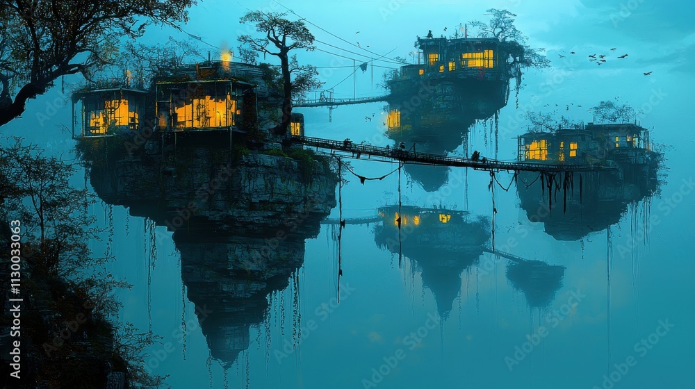 Poster Exploring a surreal landscape of floating islands with high fidelity connections enchanted environment dreamlike viewpoint fantasy concept for immersive experience