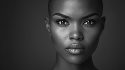 Fototapeta premium A striking black and white portrait of a confident woman with a smooth, bald head, showcasing her strong features and intense gaze.