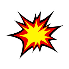 A vibrant comic book explosion, red and yellow concentric shapes with sharp points, black outline, pop art style, isolated on white background.