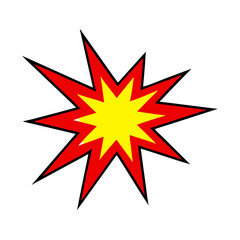 A vibrant comic book explosion, red and yellow concentric shapes with sharp points, black outline, pop art style, isolated on white background.