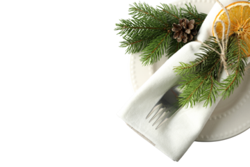PNG, Christmas table setting, plate on table, isolated on white background.