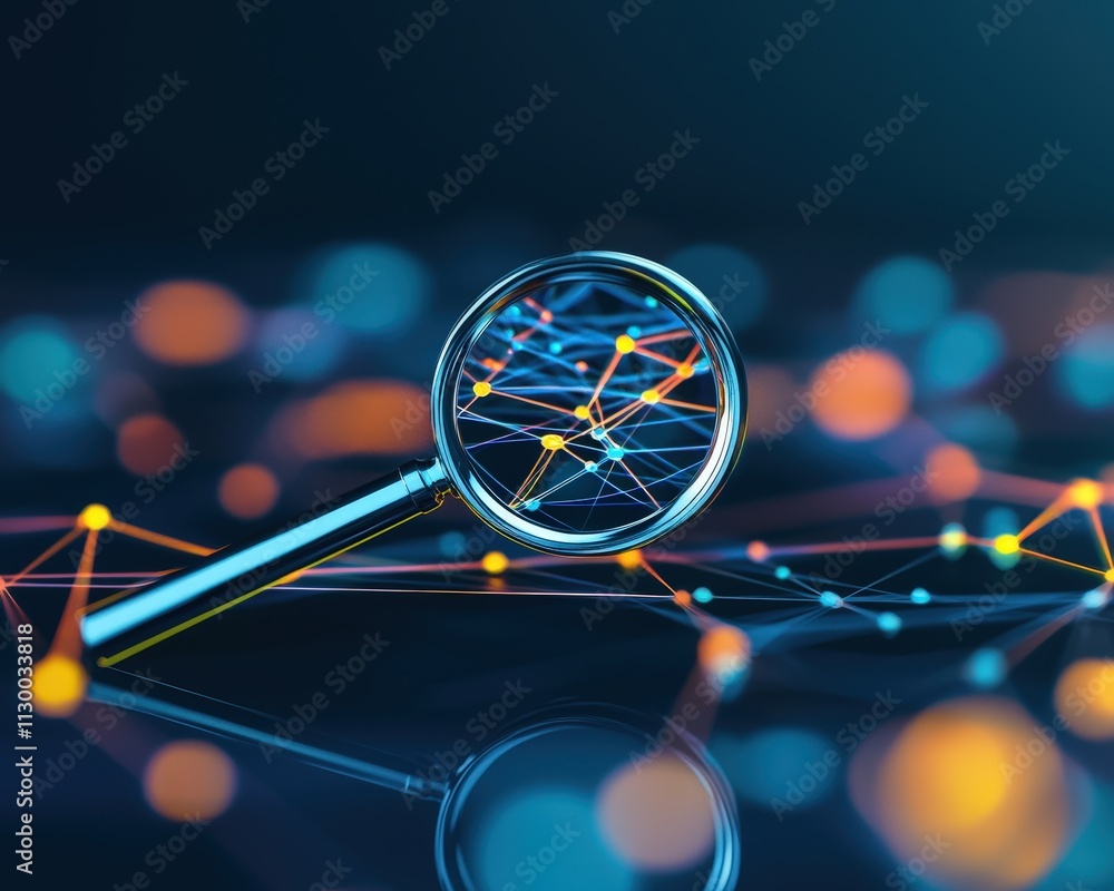 Poster a magnifying glass zooming in on a floating concept cloud with scientific keywords.