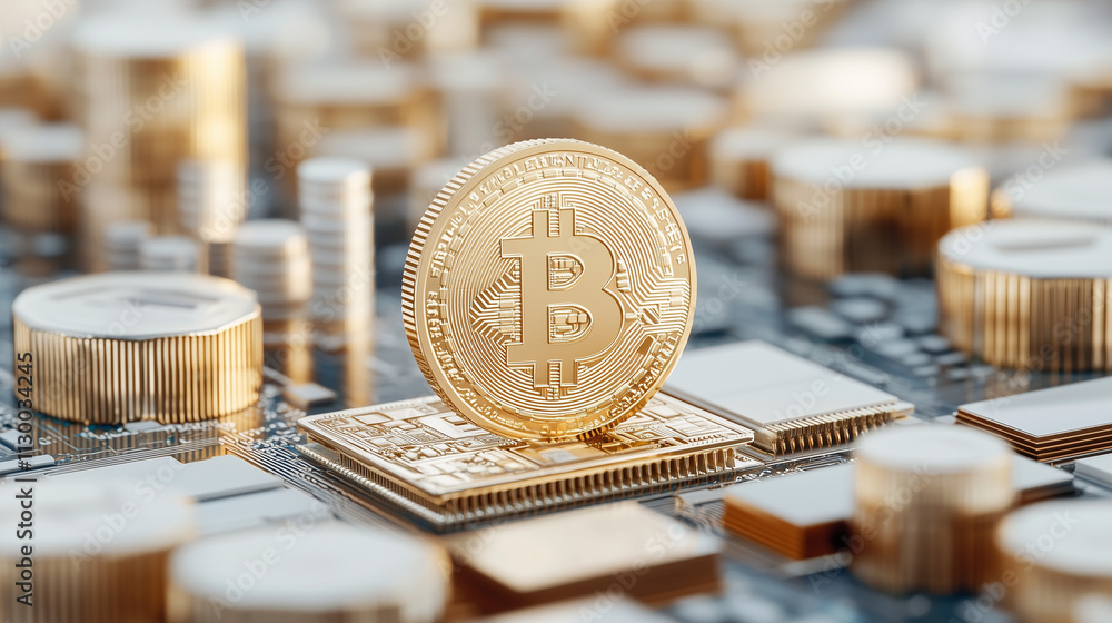 Poster bitcoin on circuit board: golden bitcoin cryptocurrency coin on a computer circuit board. close-up s