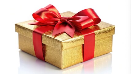 Fototapeta premium Exquisite gold gift box, adorned with a red and gold bow, perfect for Christmas, weddings, anniversaries, birthdays, or Valentine's Day.