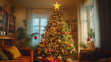 Obraz premium A festive Christmas party with colorful lights, people dancing, and cheerful holiday decorations all around 