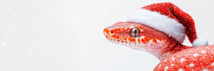 Obraz premium Festive Red Glitter Snake with Santa Hat on White Background