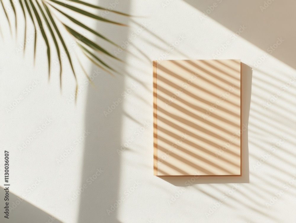 Poster notepad with striped shadow pattern under palm frond on minimalist background