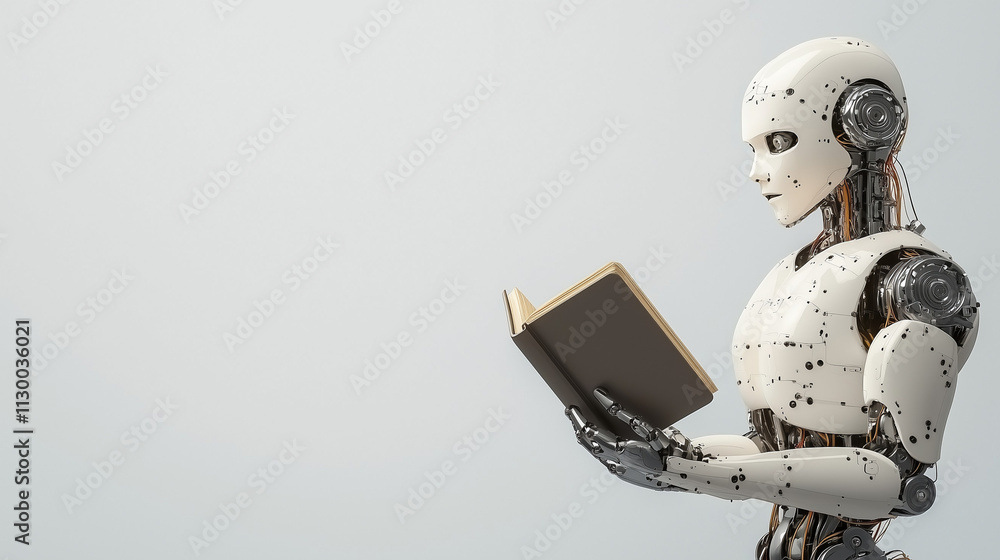 Poster the future of learning: a humanoid robot engrossed in reading a book, symbolizing the evolving lands