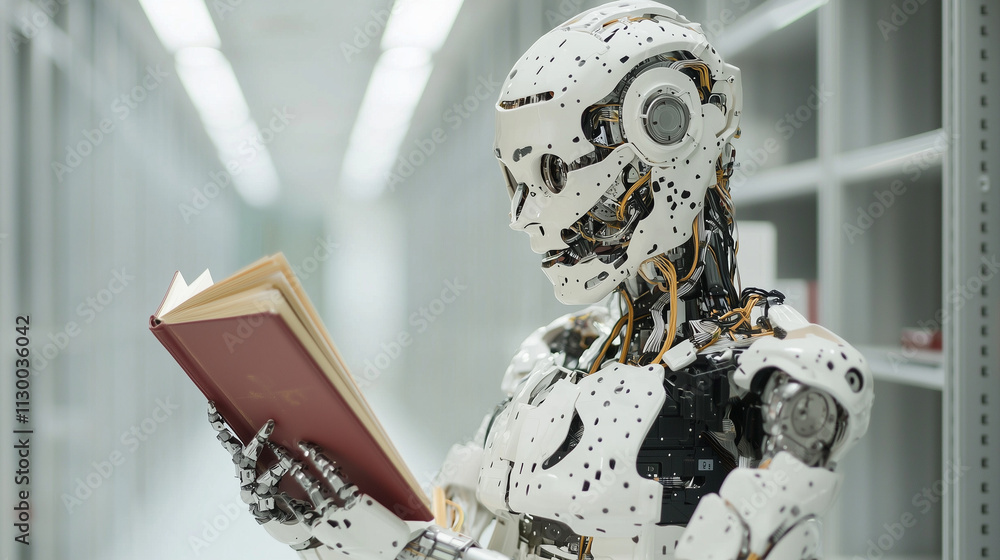Poster the future of learning: a humanoid robot meticulously studies a book in a futuristic library setting
