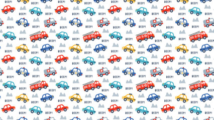 Fototapeta premium Transport car seamless pattern kids hand drawn background design