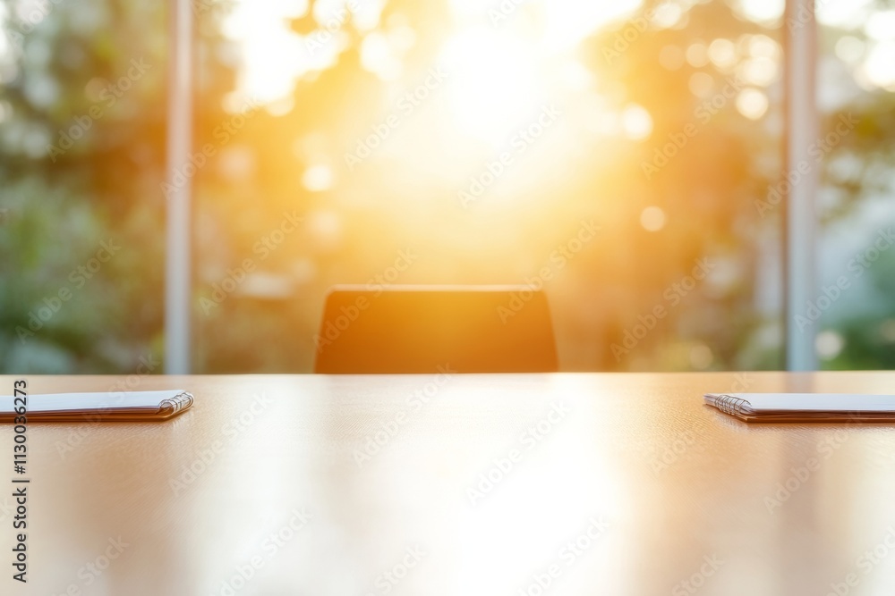 Poster Sunlit Meeting Space with Reflective Table in Soft Focus