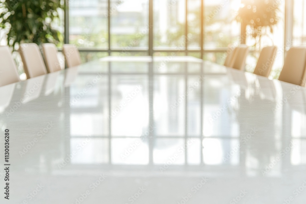 Poster Abstract Modern Office Table with Reflections and Soft Lighting in Urban Setting