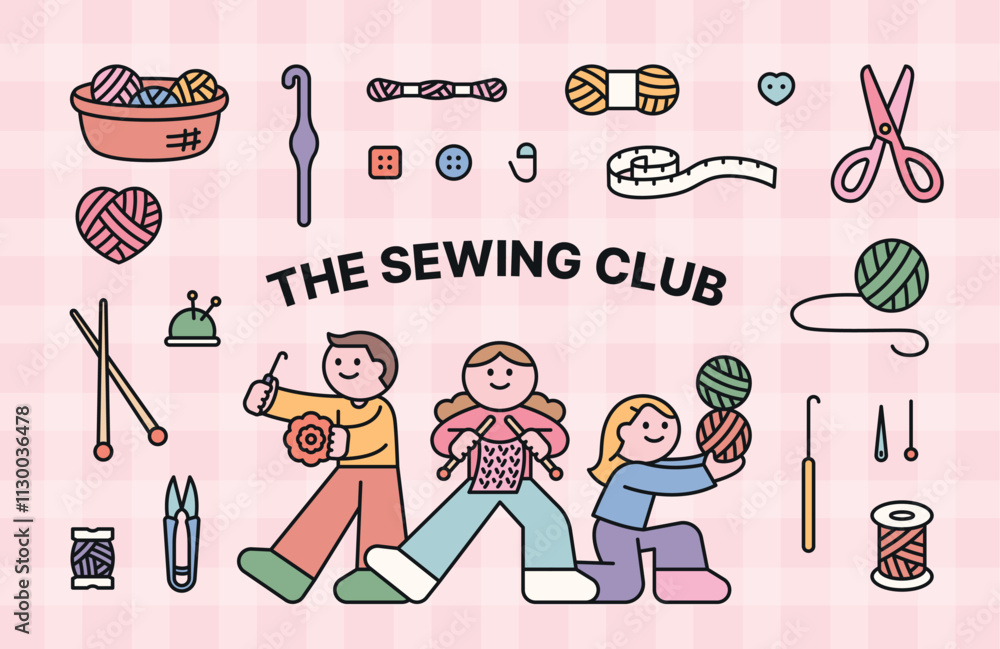 Aufkleber people from the sewing club. a collection of various tools needed for knitting. cuttiny character wi