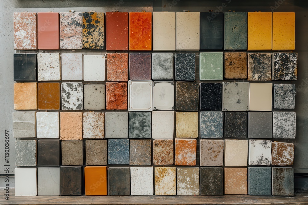 Poster a diverse collection of square tile samples, showcasing various colors and textures. ideal for desig