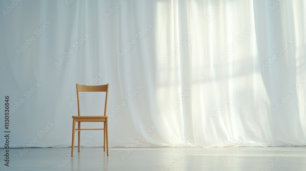 Poster Minimalist Serenity Empty Chair with Translucent Curtains in Soft Neutral Light