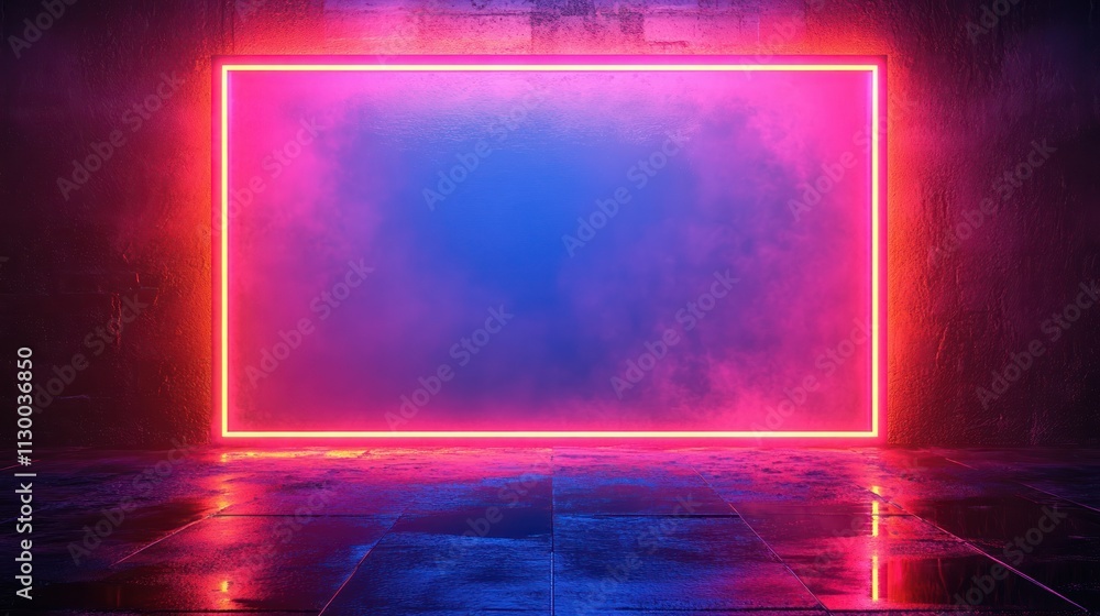 Poster neon light frame on dark wall futuristic background template with empty space for design