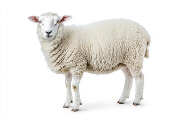 A fluffy white sheep standing upright with its head turned slightly