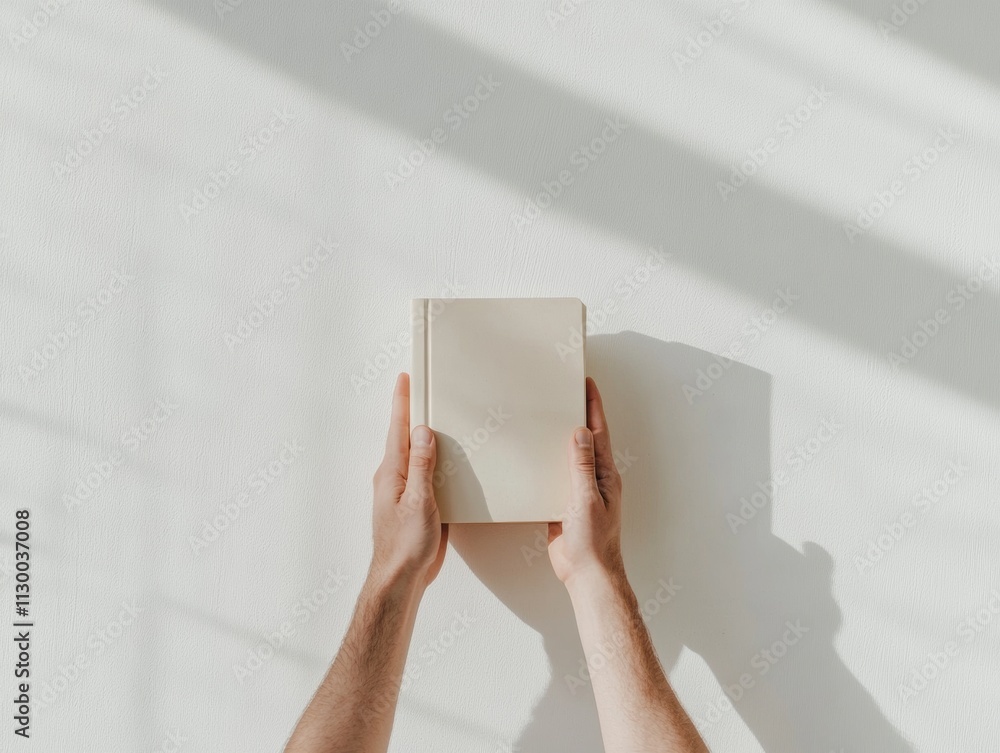 Poster minimalist hands holding book in soft light with abstract shadows