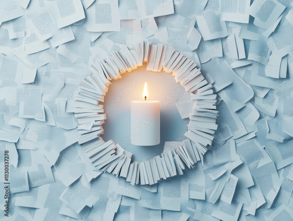 Poster Surreal Candlelight Amidst Circular Book Arrangement in Minimalistic Setting