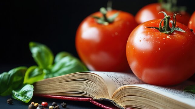 Fresh tomatoes next to an open book, highlighting a blend of culinary inspiration and natural ingredients against a dark background.