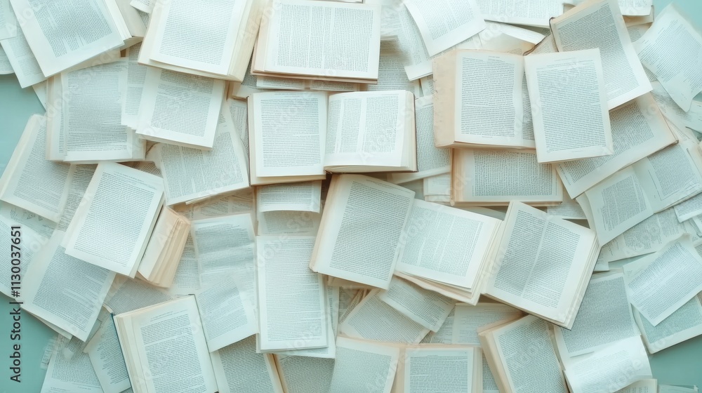 Poster surreal overhead study scattered open books in warm light