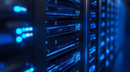 Naklejka premium Glowing servers, a digital fortress safeguarding vast data streams. Cybersecurity's silent guardian.