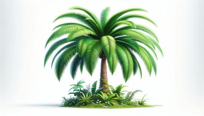 Obraz premium Green palm tree illustration with tropical foliage and grass showing natural botanical details