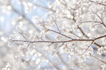 Naklejka premium A close-up of frost-covered branches in a winter forest, taken from an intimate angle. The delicate crystals glisten in the sunlight, creating a magical effect against the muted colors