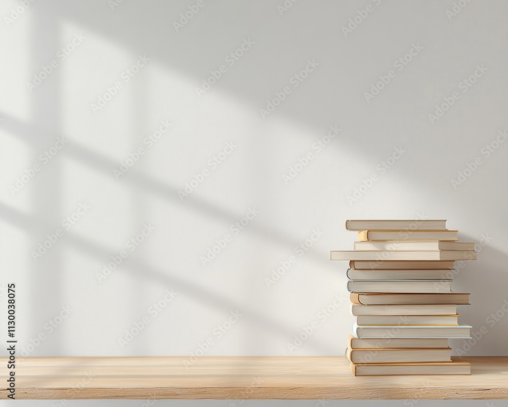 Poster serene study space aesthetic ensemble of books with gentle shadows and soft illumination