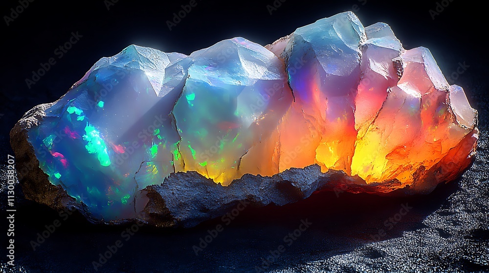 Poster vibrant opal gemstone cluster with iridescent colors and rough texture on dark background.