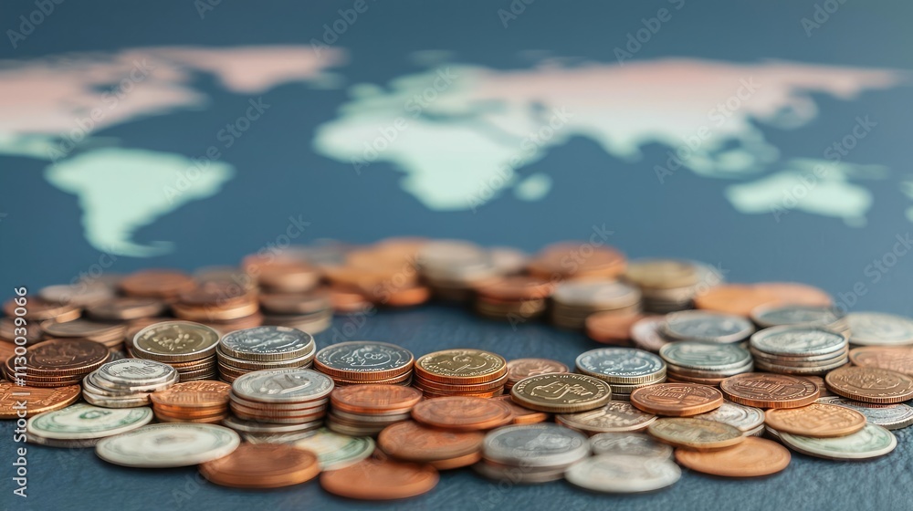 Poster currency value concept. a close-up of coins with a world map in the background, symbolizing global c